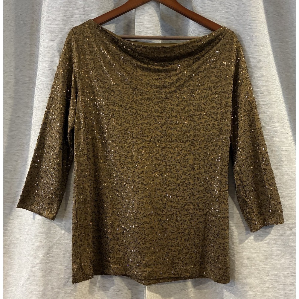 Eileen Fisher Brown Gold Sequin Silk Cowl Neck Blouse 3/4 Sleeve Top Medium